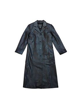 Womens S Black Leather Midi Trench Coat Chest Zip Out Lining